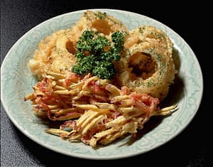 さつまいもとハムのかき揚げ、オニオンフライ